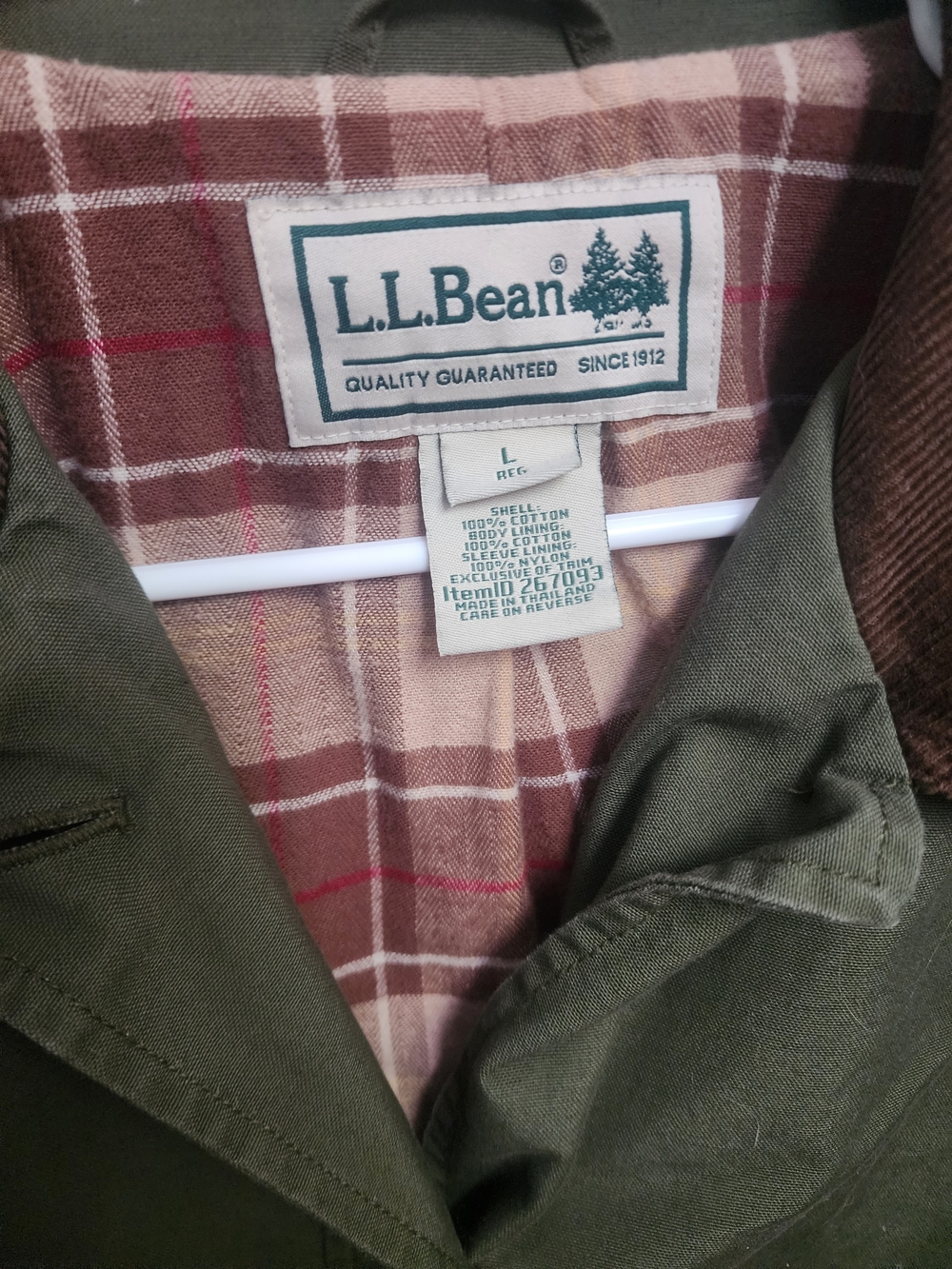 L.L. Bean Olive Green Utility Jacket with Brown Corduroy Collar - L REG - Picture 2 of 2